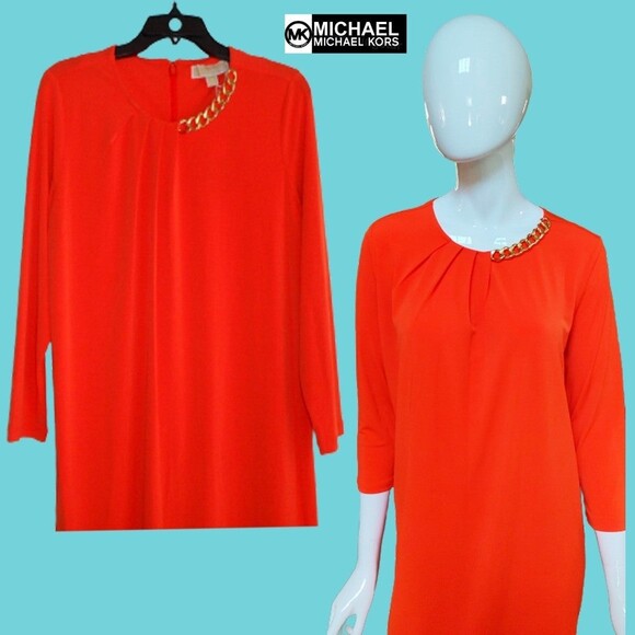 MICHAEL Michael Kors NEW Indie MANADARIN Chain Trim 3/4-Sleeve Shift Dress - Picture 2 of 12